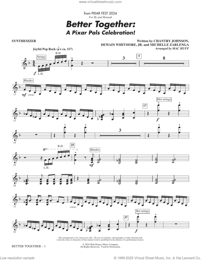 Better Together: A Pixar Pals Celebration! (arr. Mac Huff) sheet music for orchestra/band (synthesizer) by Chantry Johnson, Mac Huff, Dwain Whitmore and Michelle Zarlenga, intermediate skill level