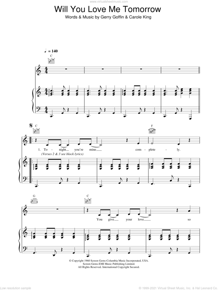 Will You Love Me Tomorrow (Will You Still Love Me Tomorrow) sheet music for voice, piano or guitar by The Shirelles, Carole King and Gerry Goffin, intermediate skill level