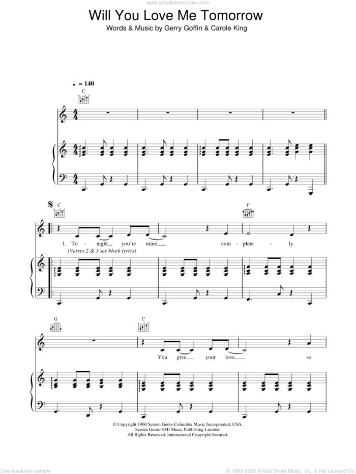 Will You Love Me Tomorrow (Will You Still Love Me Tomorrow) sheet music for voice, piano or guitar by The Shirelles, Carole King and Gerry Goffin, intermediate skill level