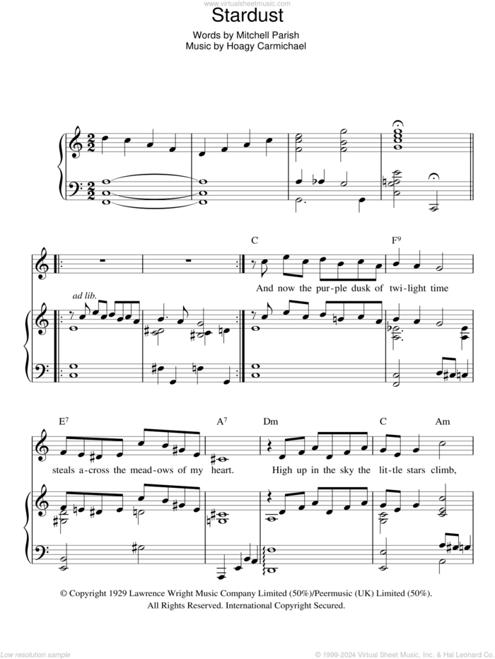 Carmichael - Stardust sheet music for voice, piano or guitar