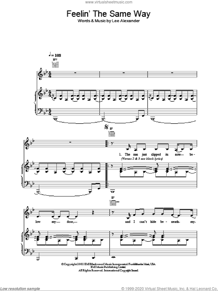 Feelin' The Same Way sheet music for voice, piano or guitar by Norah Jones and Lee Alexander, intermediate skill level