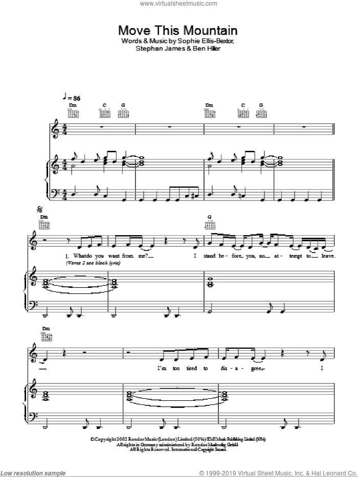 Move This Mountain sheet music for voice, piano or guitar by Sophie Ellis-Bextor, Ben Hillier and Stephan James, intermediate skill level