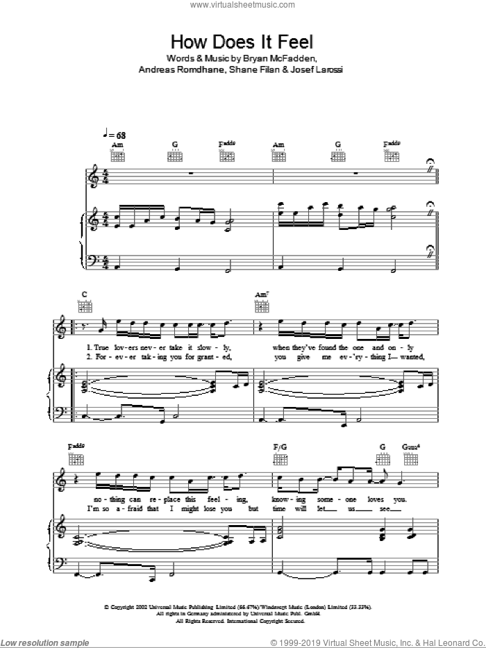 How Does It Feel sheet music for voice, piano or guitar by Westlife, Andreas Romdhane, Brian McFadden, Josef Larossi and Shane Filan, intermediate skill level