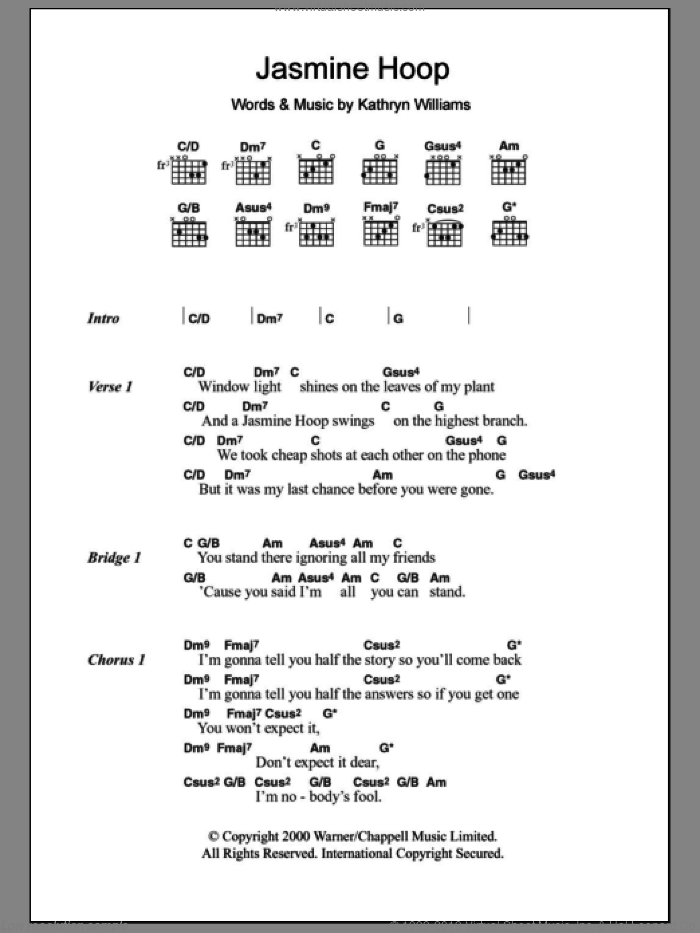 Jasmine Hoop sheet music for guitar (chords) by Kathryn Williams, intermediate skill level