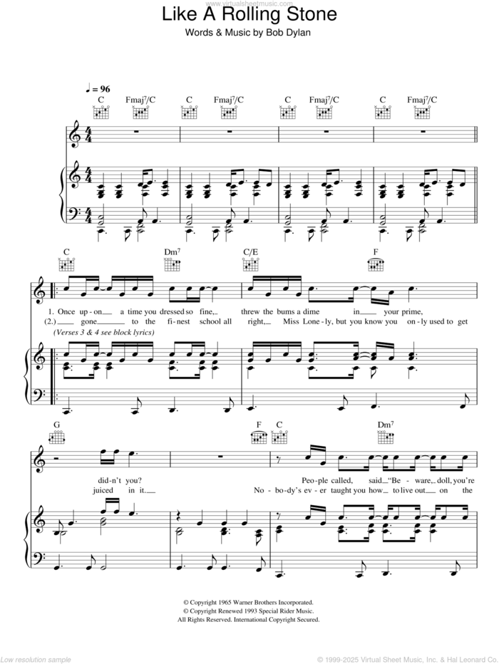 Like A Rolling Stone sheet music for voice, piano or guitar by Bob Dylan, intermediate skill level