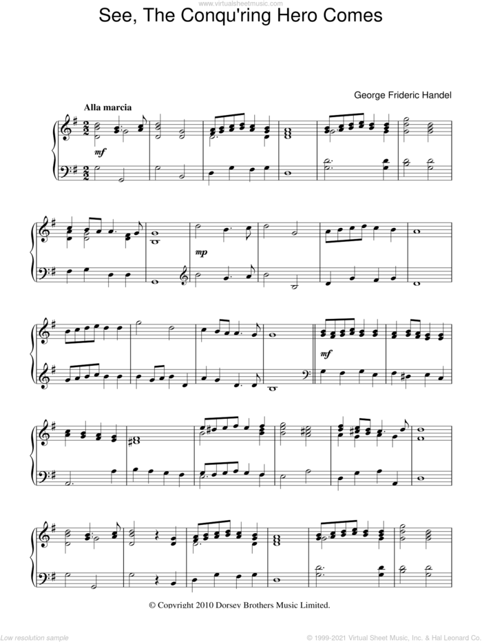 See The Conquering Hero Comes sheet music for piano solo by George Frideric Handel, classical score, intermediate skill level