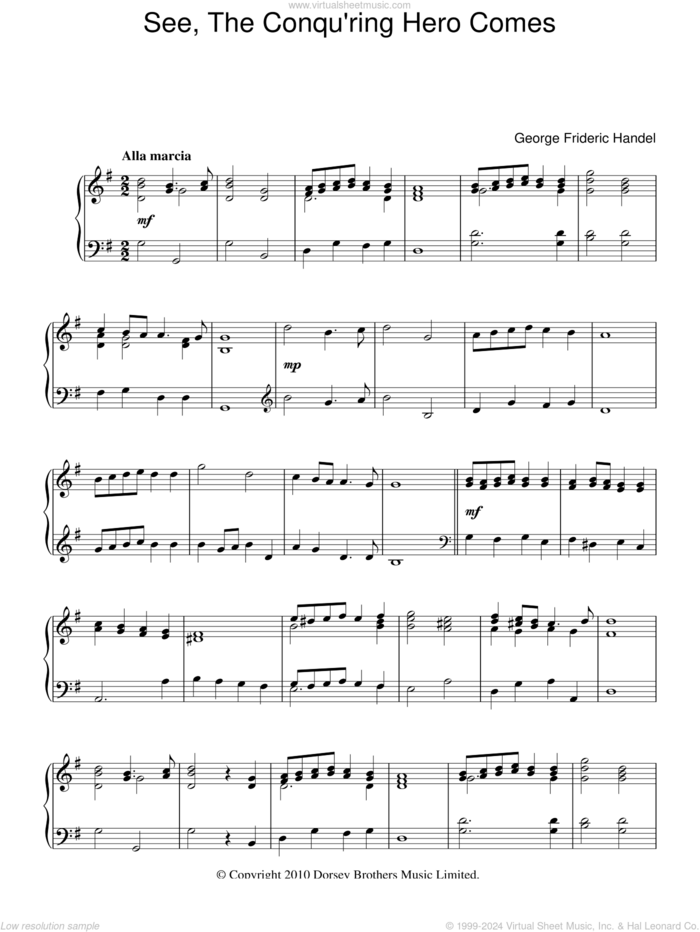 See The Conquering Hero Comes sheet music for piano solo by George Frideric Handel, classical score, intermediate skill level