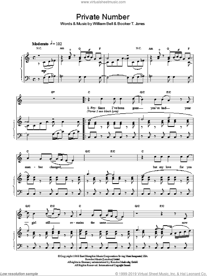 Private Number sheet music for voice, piano or guitar by William Bell & Judy Clay, The Supremes, Booker T. Jones and William Bell, intermediate skill level