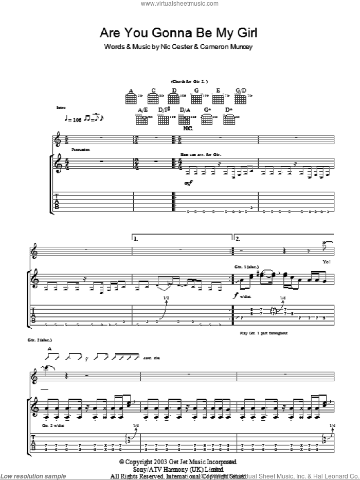 Are You Gonna Be My Girl sheet music for guitar (tablature) by Nic Cester and Cameron Muncey, intermediate skill level