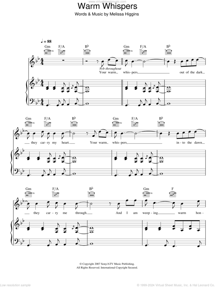 Warm Whispers sheet music for voice, piano or guitar by Missy Higgins and Melissa Higgins, intermediate skill level