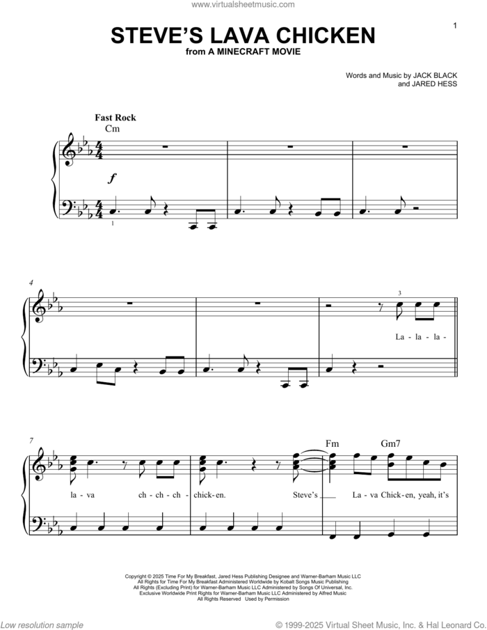 Steve's Lava Chicken (from A Minecraft Movie) sheet music for piano solo by Jack Black and Jared Hess, easy skill level