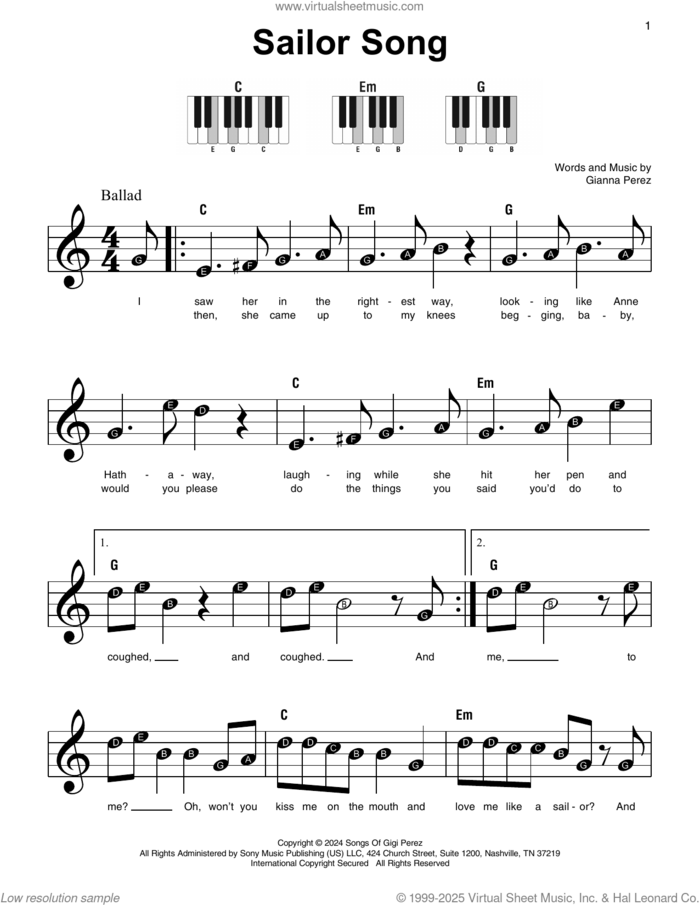 Sailor Song, (beginner) sheet music for piano solo by Gigi Perez and Gianna Perez, beginner skill level