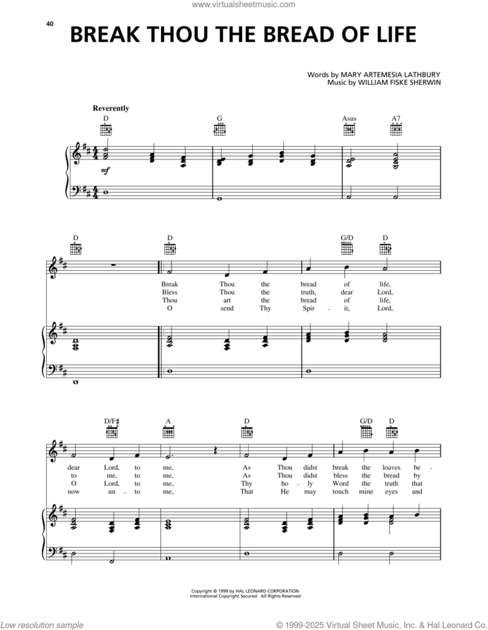 Break Thou The Bread Of Life sheet music for voice, piano or guitar by Mary Artemesia Lathbury and William Sherwin, intermediate skill level