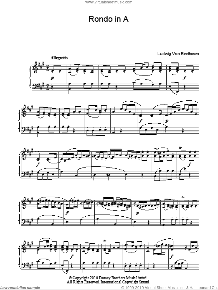Rondo In A sheet music for piano solo by Ludwig van Beethoven, classical score, intermediate skill level