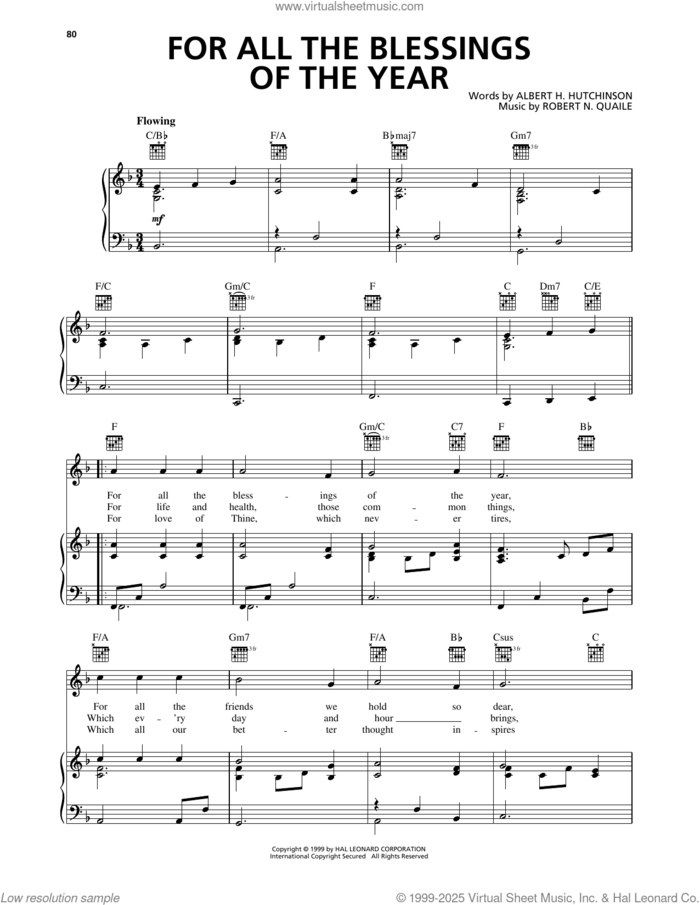 For All The Blessings Of The Year sheet music for voice, piano or guitar by Albert H. Hutchinson and Robert N. Quaile, intermediate skill level
