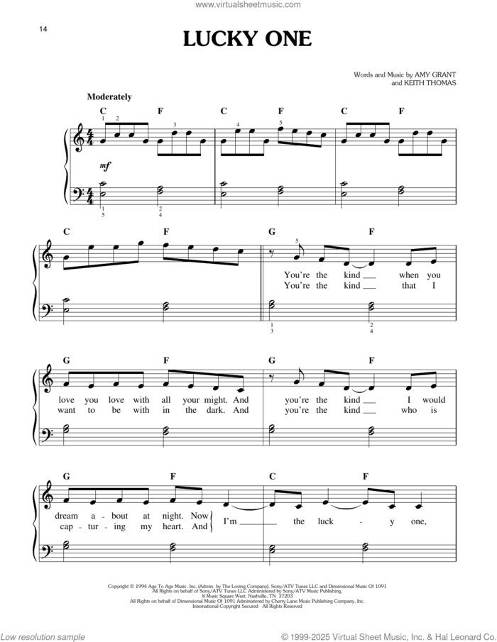 Lucky One sheet music for piano solo by Amy Grant and Keith Thomas, easy skill level