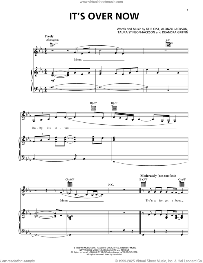 It's Over Now sheet music for voice, piano or guitar by Deborah Cox, Alonzo Jackson, Deandra Griffin, Keir Gist and Taura Stinson-Jackson, intermediate skill level