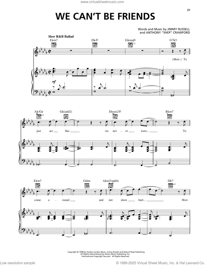 We Can't Be Friends sheet music for voice, piano or guitar by Deborah Cox, Anthony 'Shep' Crawford and Jimmy Russell, intermediate skill level