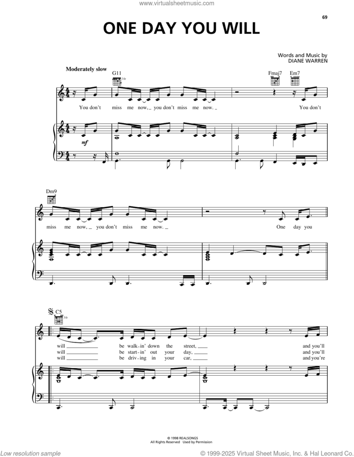 One Day You Will sheet music for voice, piano or guitar by Deborah Cox and Diane Warren, intermediate skill level