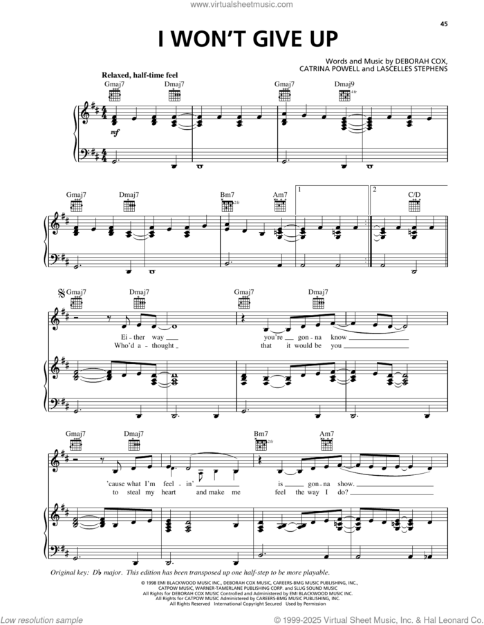 I Won't Give Up sheet music for voice, piano or guitar by Deborah Cox, Catrina Powell and Lascelles Stephens, intermediate skill level