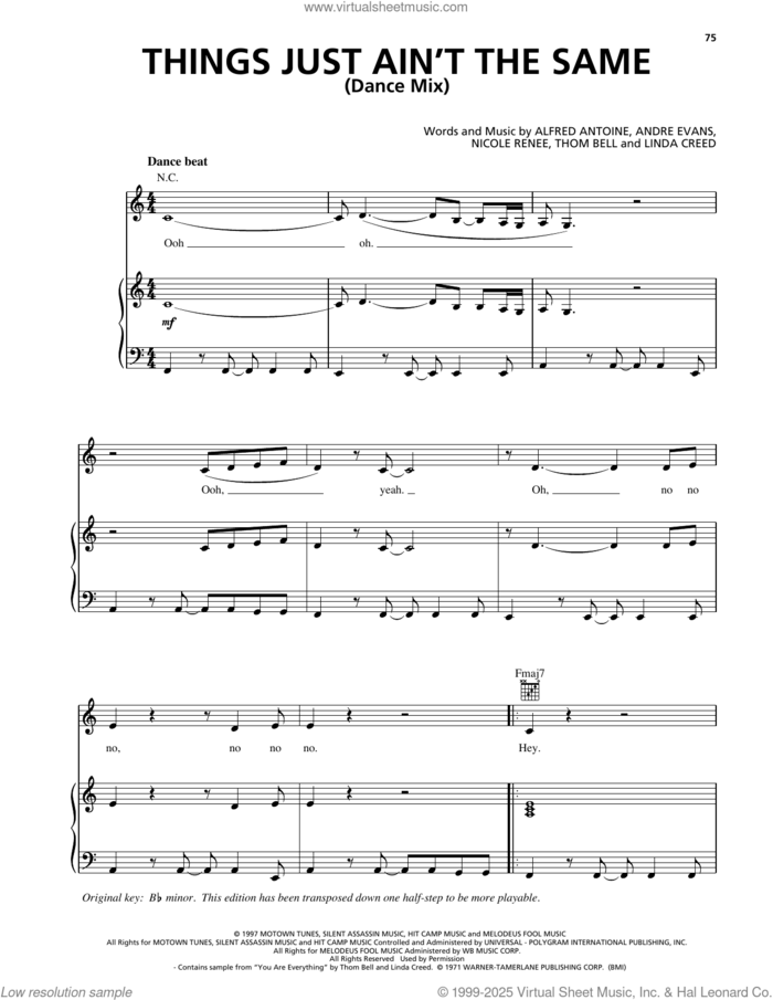 Things Just Ain't The Same sheet music for voice, piano or guitar by Deborah Cox, Alfred Antoine, Andre Evans, Linda Creed, Nicole Renee and Thomas Bell, intermediate skill level