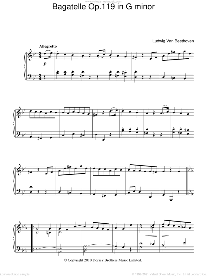 Bagatelle In G Minor, Op. 119, No. 1 sheet music for piano solo by Ludwig van Beethoven, classical score, intermediate skill level