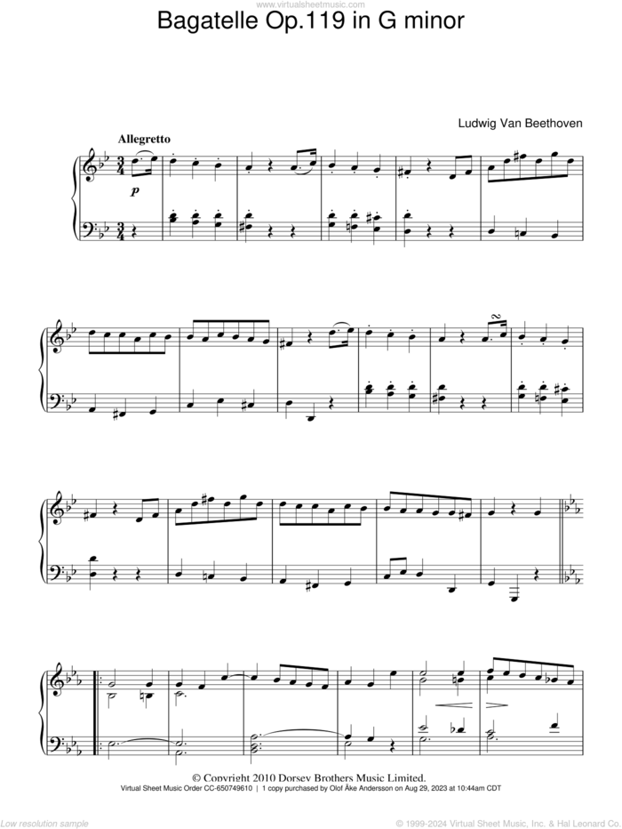 Bagatelle In G Minor, Op. 119, No. 1 sheet music for piano solo by Ludwig van Beethoven, classical score, intermediate skill level