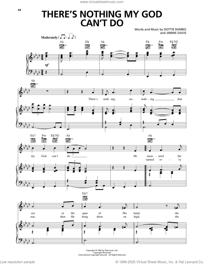 There's Nothing My God Can't Do sheet music for voice, piano or guitar by Jimmie Davis and Dottie Rambo, intermediate skill level