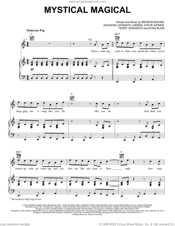 Mystical Magical sheet music for voice, piano or guitar by Benson Boone, Evan Blair, Jackson Lafrantz Larsen, Steve Kipner and Terry Shaddick, intermediate skill level