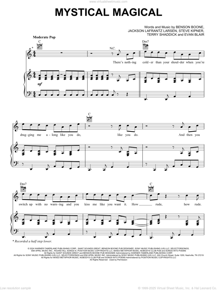 Mystical Magical sheet music for voice, piano or guitar by Benson Boone, Evan Blair, Jackson Lafrantz Larsen, Steve Kipner and Terry Shaddick, intermediate skill level