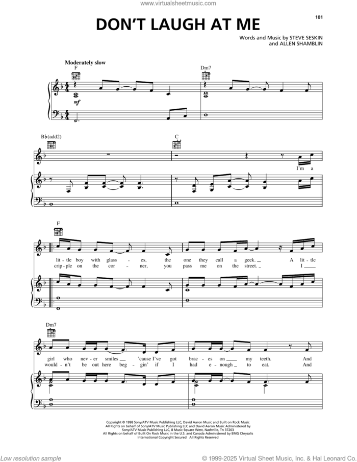 Don't Laugh At Me sheet music for voice, piano or guitar by Mark Wills, Allen Shamblin and Steve Seskin, intermediate skill level