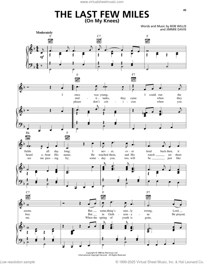 The Last Few Miles (On My Knees) sheet music for voice, piano or guitar by Jimmie Davis and Bob Willis, intermediate skill level