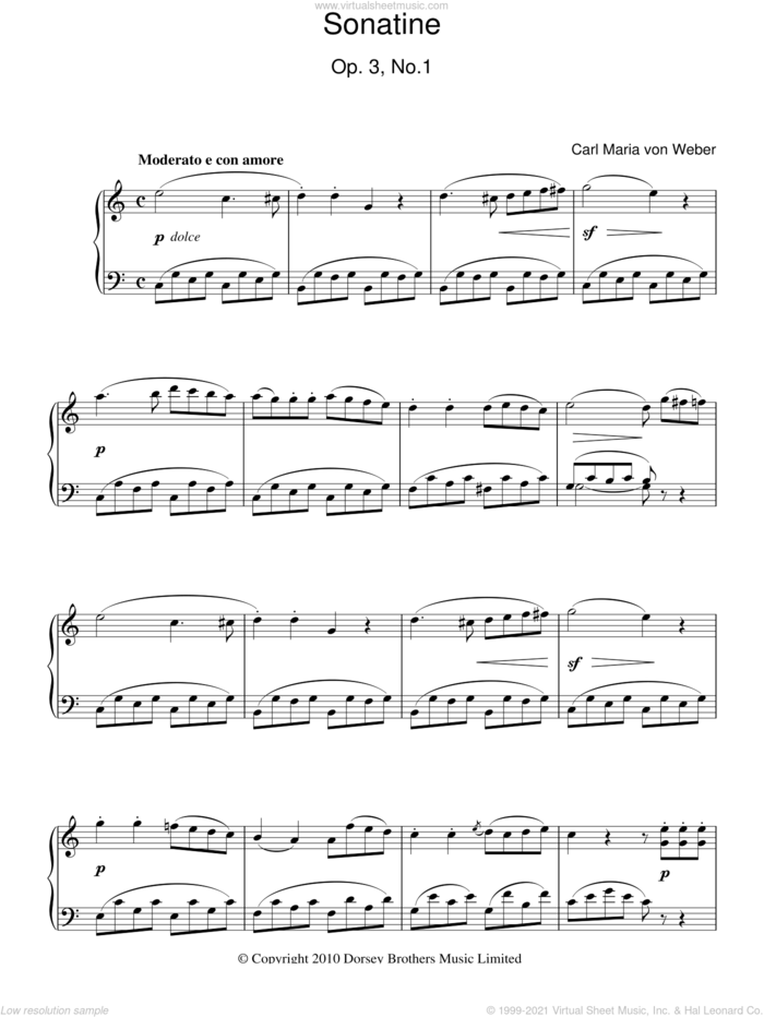 Sonatine, Op. 3, No. 1 sheet music for piano solo by Carl Maria Von Weber, classical score, intermediate skill level