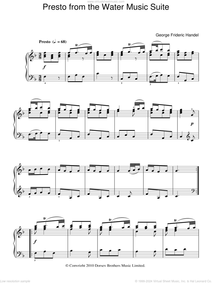 Presto (from The Water Music Suite) sheet music for piano solo by George Frideric Handel, classical score, intermediate skill level