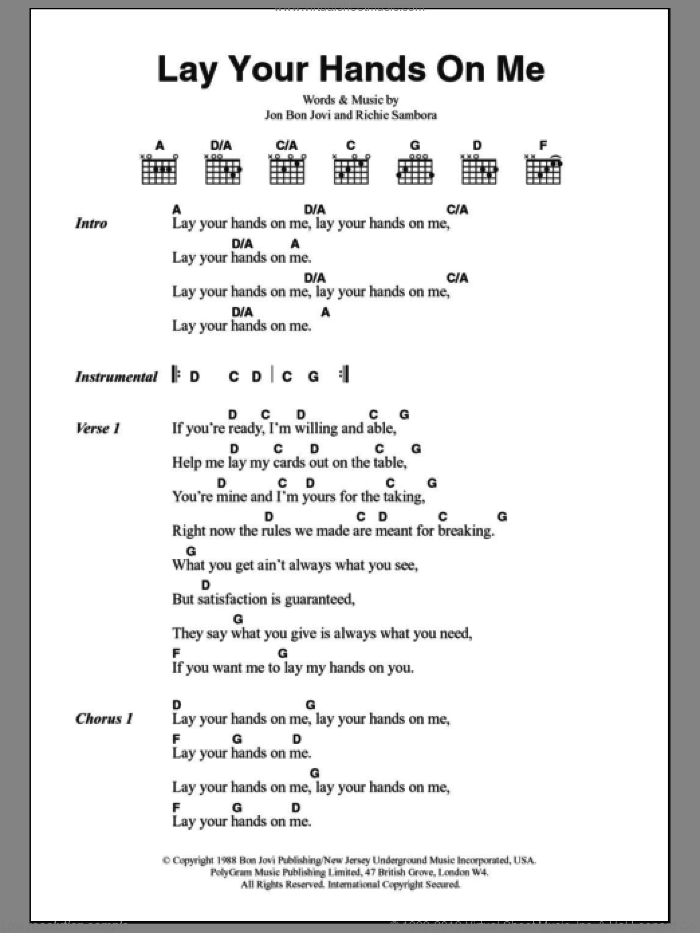 Lay Your Hands On Me sheet music for guitar (chords) by Bon Jovi and Richie Sambora, intermediate skill level