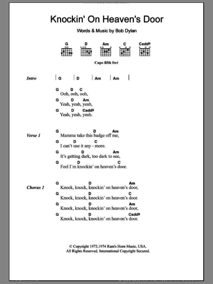 Knockin' On Heaven's Door sheet music for guitar (chords) by Avril Lavigne, Bob Dylan and Eric Clapton, intermediate skill level
