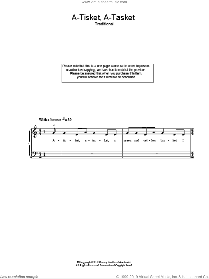 A-Tisket, A-Tasket sheet music for piano solo, easy skill level
