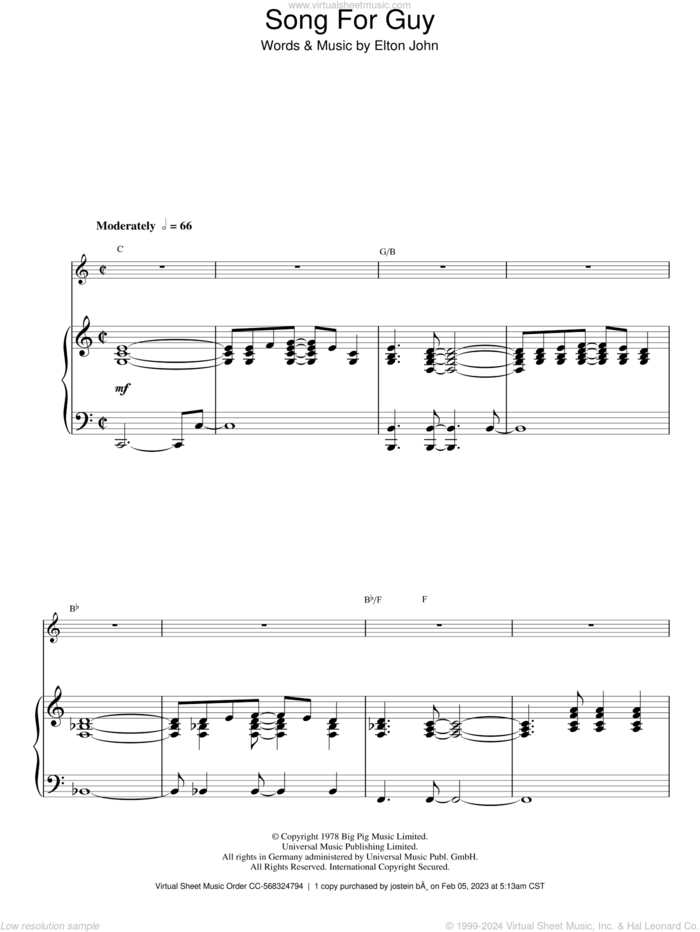 Song For Guy, (easy) sheet music for piano solo by Elton John, easy skill level