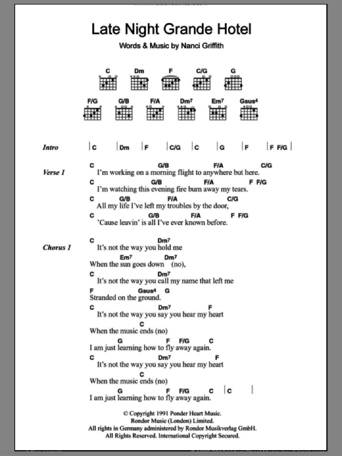 Late Night Grande Hotel sheet music for guitar (chords) by Nanci Griffith, intermediate skill level
