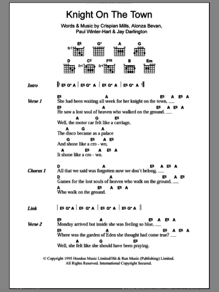 Knight On The Town sheet music for guitar (chords) by Kula Shaker, Alonza Bevan, Crispian Mills, Jay Darlington and Paul Winter-Hart, intermediate skill level