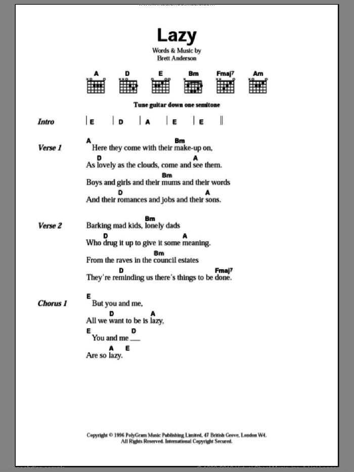 Lazy sheet music for guitar (chords) by Suede and Brett Anderson, intermediate skill level
