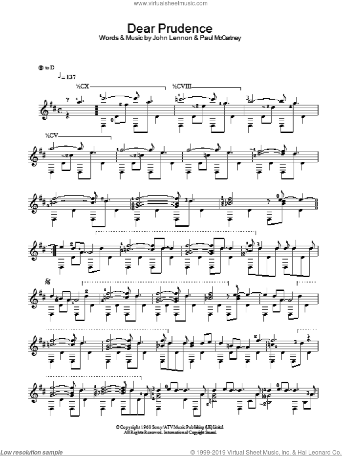 Dear Prudence sheet music for guitar solo (chords) by The Beatles, John Lennon and Paul McCartney, easy guitar (chords)