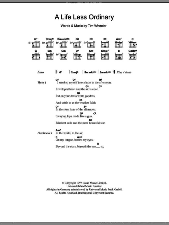 A Life Less Ordinary sheet music for guitar (chords) by Tim Wheeler, intermediate skill level