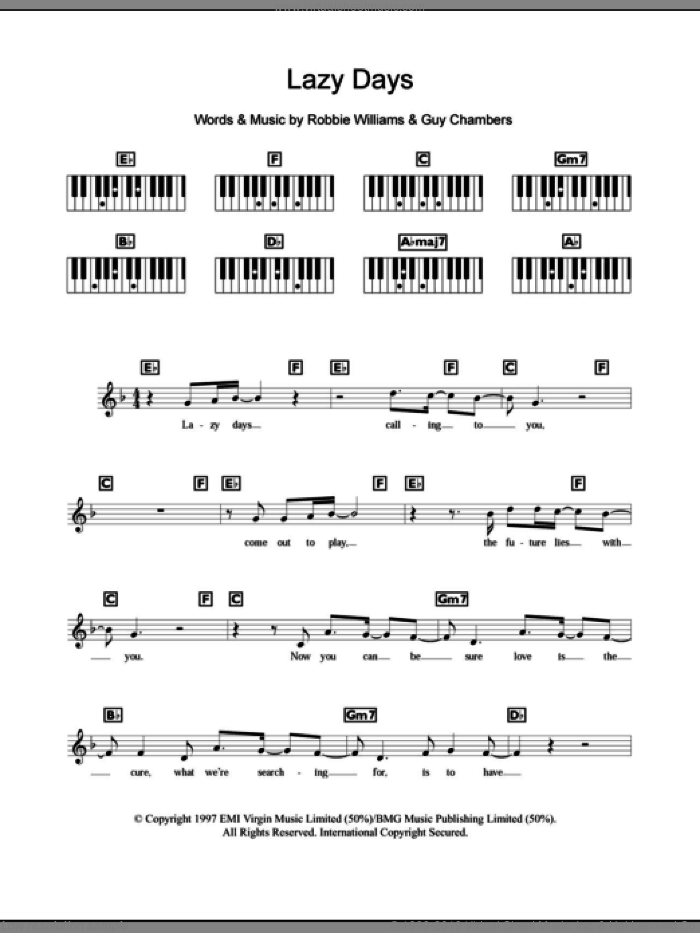 Lazy Days sheet music for piano solo (chords, lyrics, melody) by Robbie Williams and Guy Chambers, intermediate piano (chords, lyrics, melody)