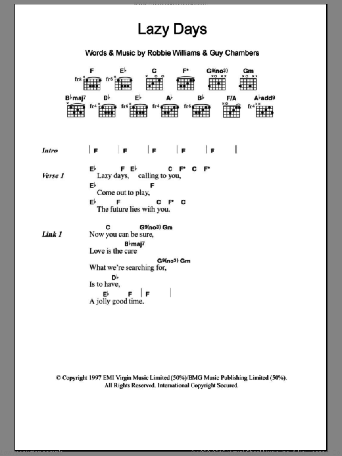 Lazy Days sheet music for guitar (chords) by Robbie Williams and Guy Chambers, intermediate skill level