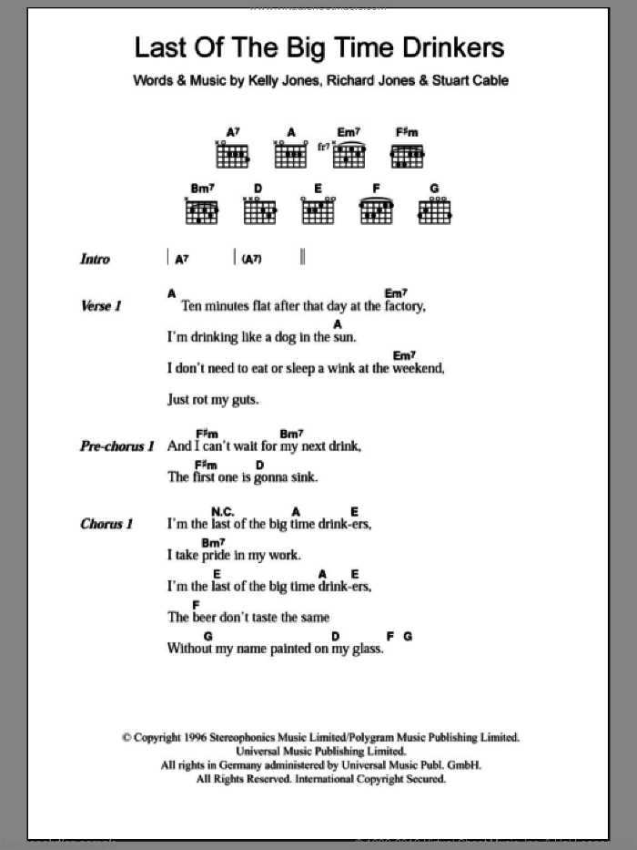 Last Of The Big Time Drinkers sheet music for guitar (chords) by Stereophonics, Kelly Jones, Richard Jones and Stuart Cable, intermediate skill level