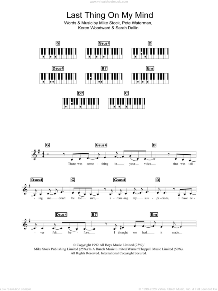 Last Thing On My Mind sheet music for piano solo (chords, lyrics, melody) by Steps, Keren Woodward, Mike Stock, Pete Waterman and Sarah Dallin, intermediate piano (chords, lyrics, melody)
