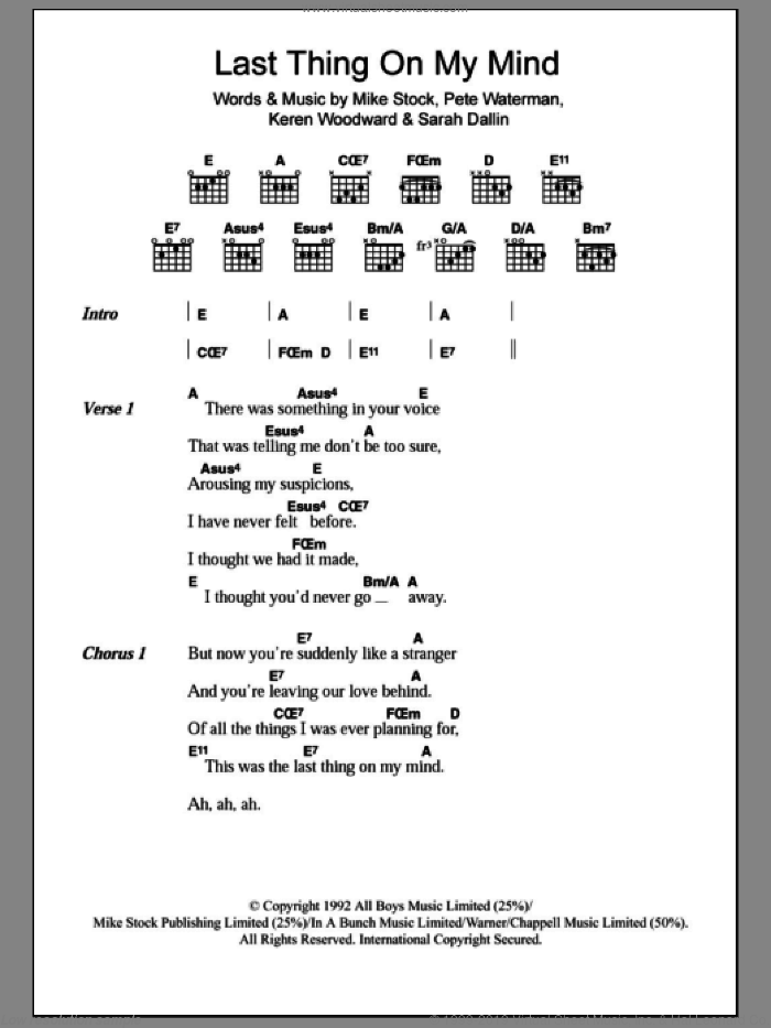Last Thing On My Mind sheet music for guitar (chords) by Steps, Keren Woodward, Mike Stock, Pete Waterman and Sarah Dallin, intermediate skill level