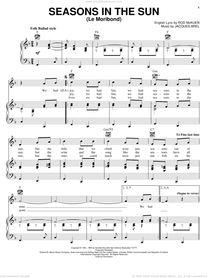 Seasons In The Sun (Le Moribond) sheet music for voice, piano or guitar by Terry Jacks, Jacques Brel and Rod McKuen, intermediate skill level