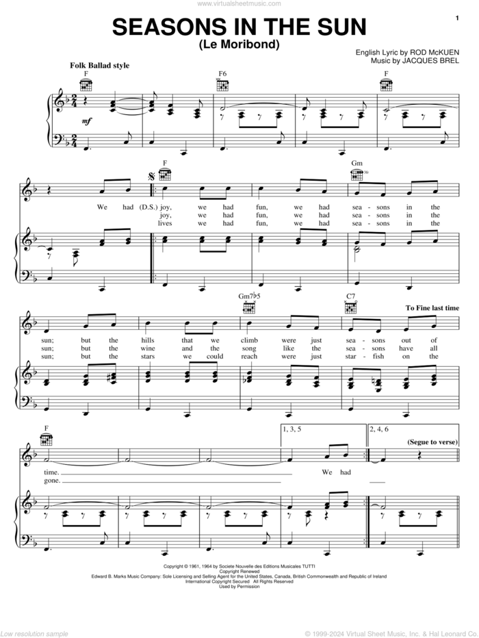 Seasons In The Sun (Le Moribond) sheet music for voice, piano or guitar by Terry Jacks, Jacques Brel and Rod McKuen, intermediate skill level